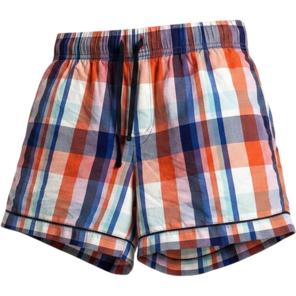 LL Bean Womens Small Plaid Shorts Orange Blue Cotton Drawstring‎ Pockets